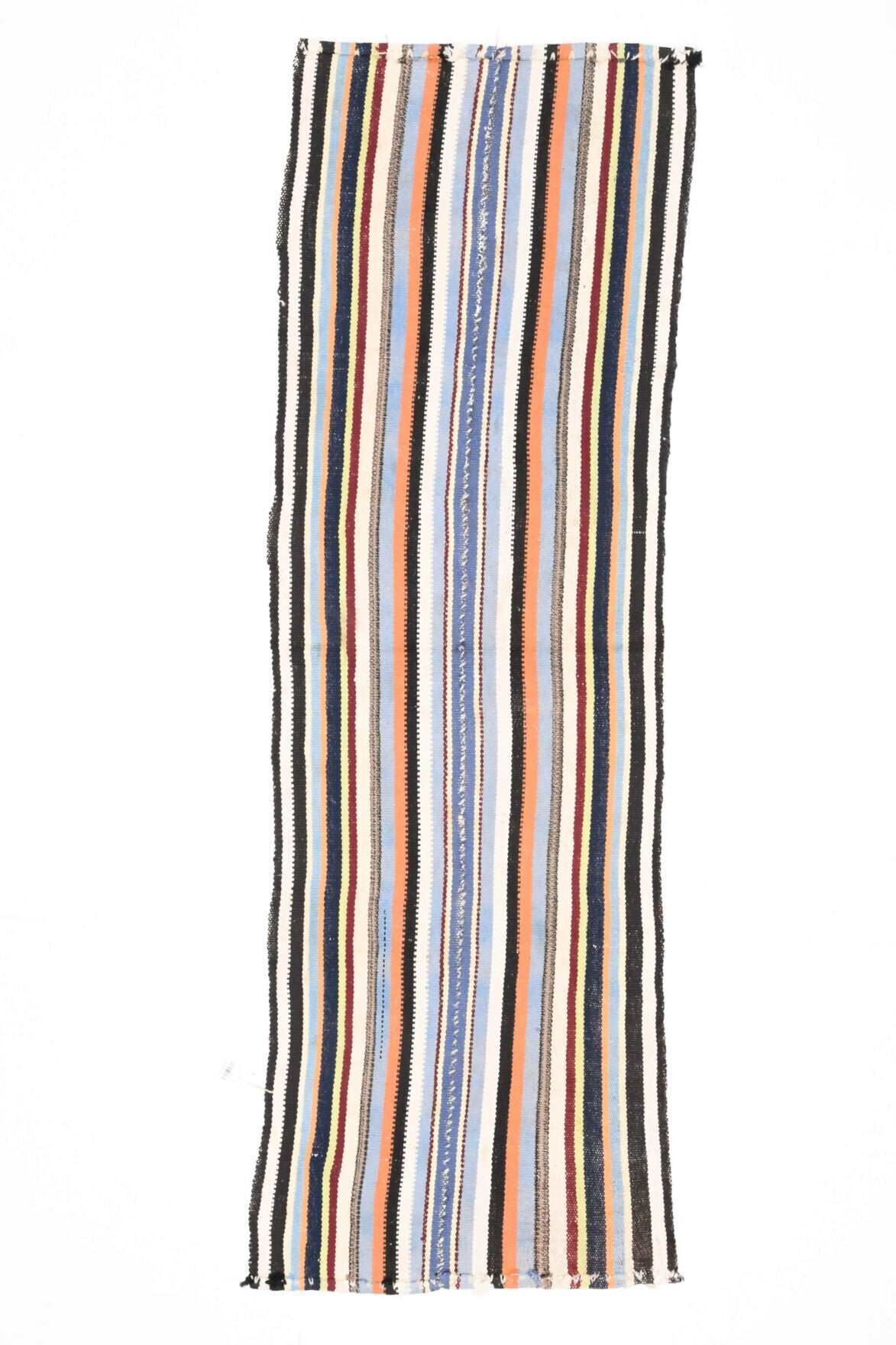 80x232 cm turuncu ve mavi çizgili vintage kilim yolluk – üstten tam görünüm