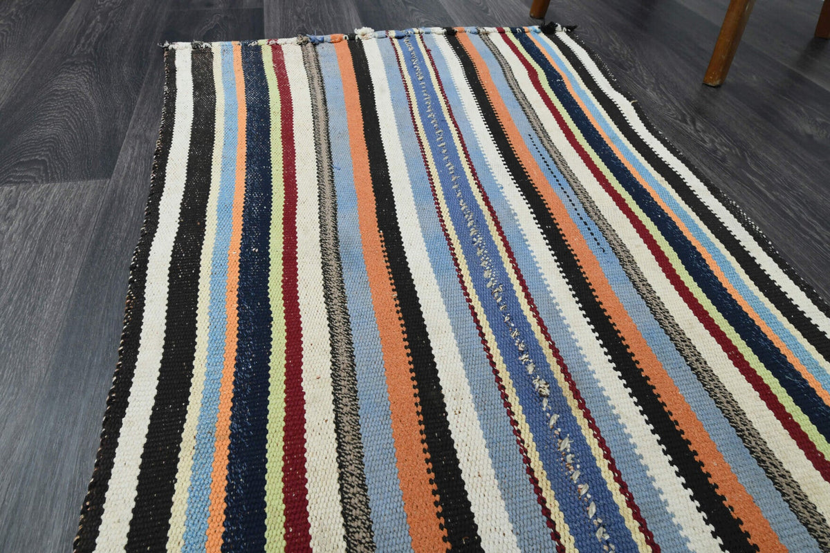 Turuncu ve mavi renkli vintage kilim yolluk, %100 yün dokuma