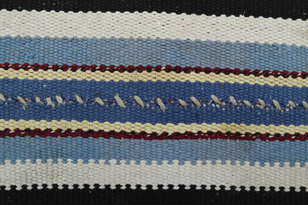 Vintage yolluk 80x232 cm – turuncu ve mavi çizgili, el dokuma