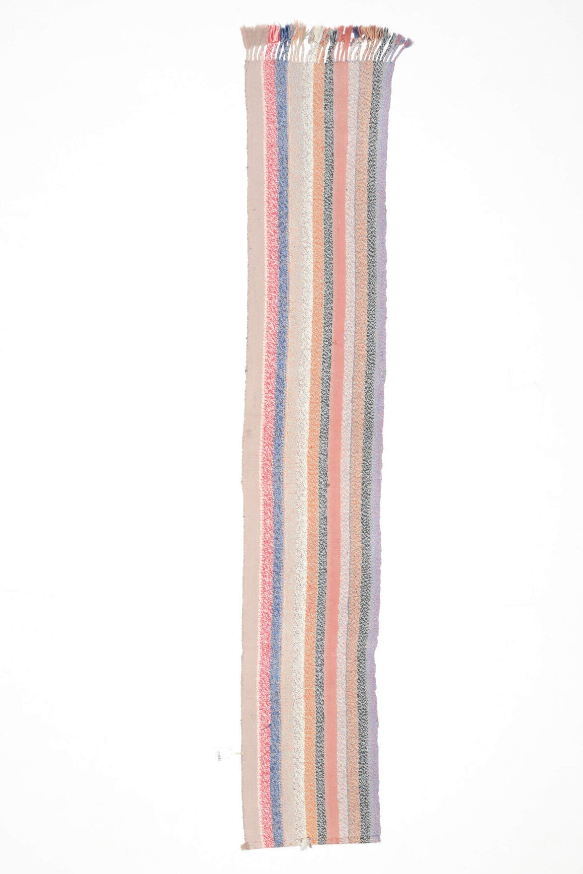 51x280 cm turuncu, pembe ve bej çizgili vintage kilim yolluk – üstten tam görünüm