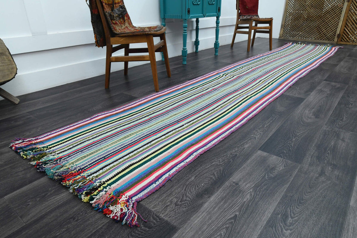 El yapımı vintage yolluk 79x432 cm çizgili desenli yün - yakın çekim doku detayı