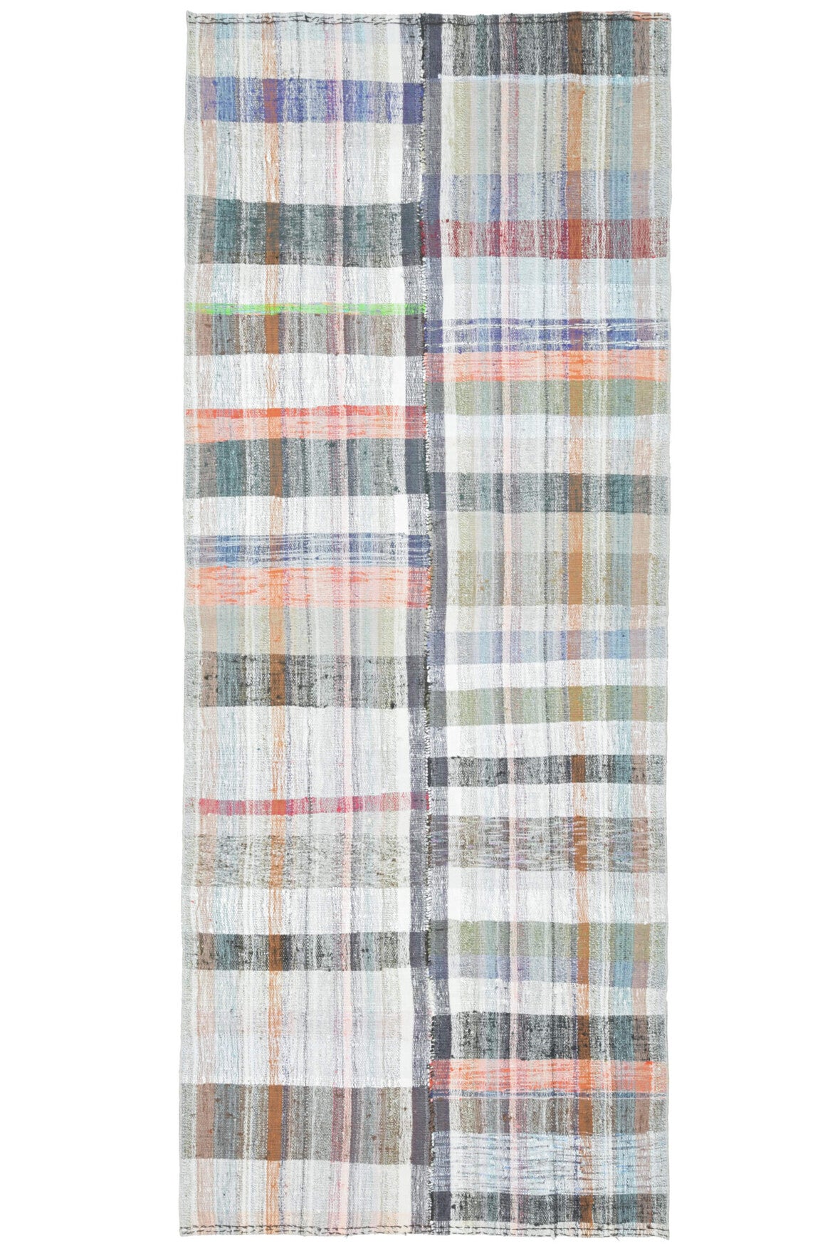 125x310 cm beyaz, gri ve mavi düz zeminli vintage kilim yolluk – üstten tam görünüm