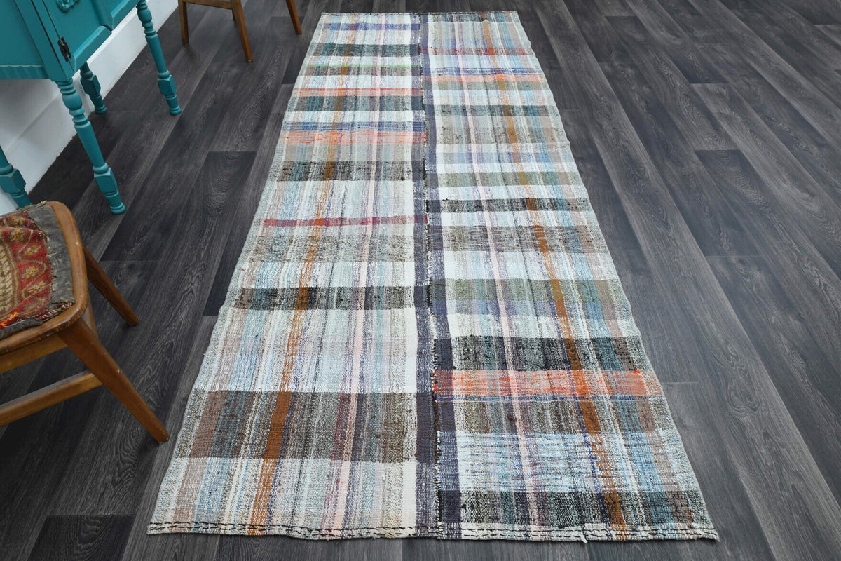 1960'lardan Anadolu kökenli düz zeminli vintage kilim yolluk, 125x310 cm