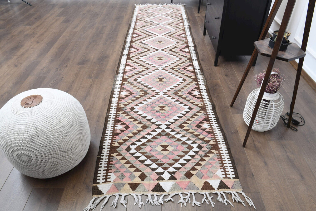 El yapımı vintage halı 89x368 cm i̇kat desenli yün - detay görünümü