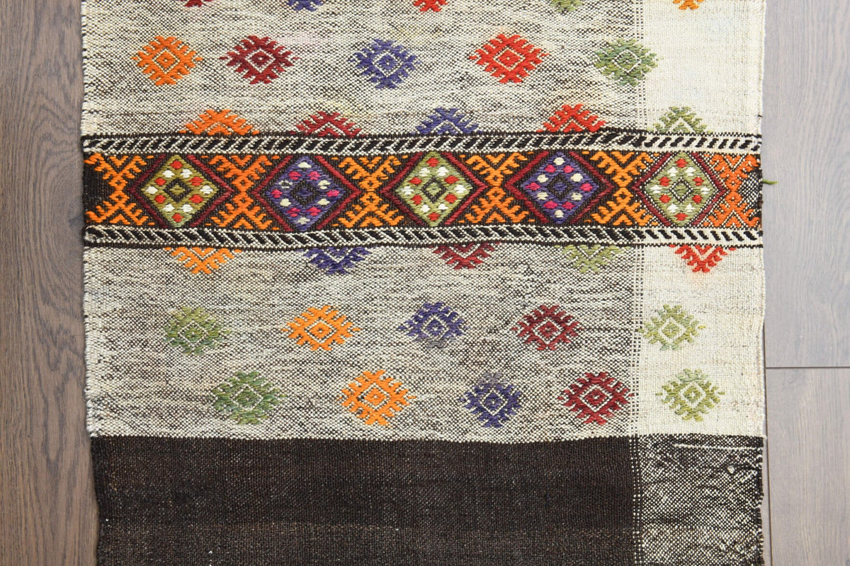 Antre ve koridor için tribal desenli vintage kilim yolluk – 66x242 cm