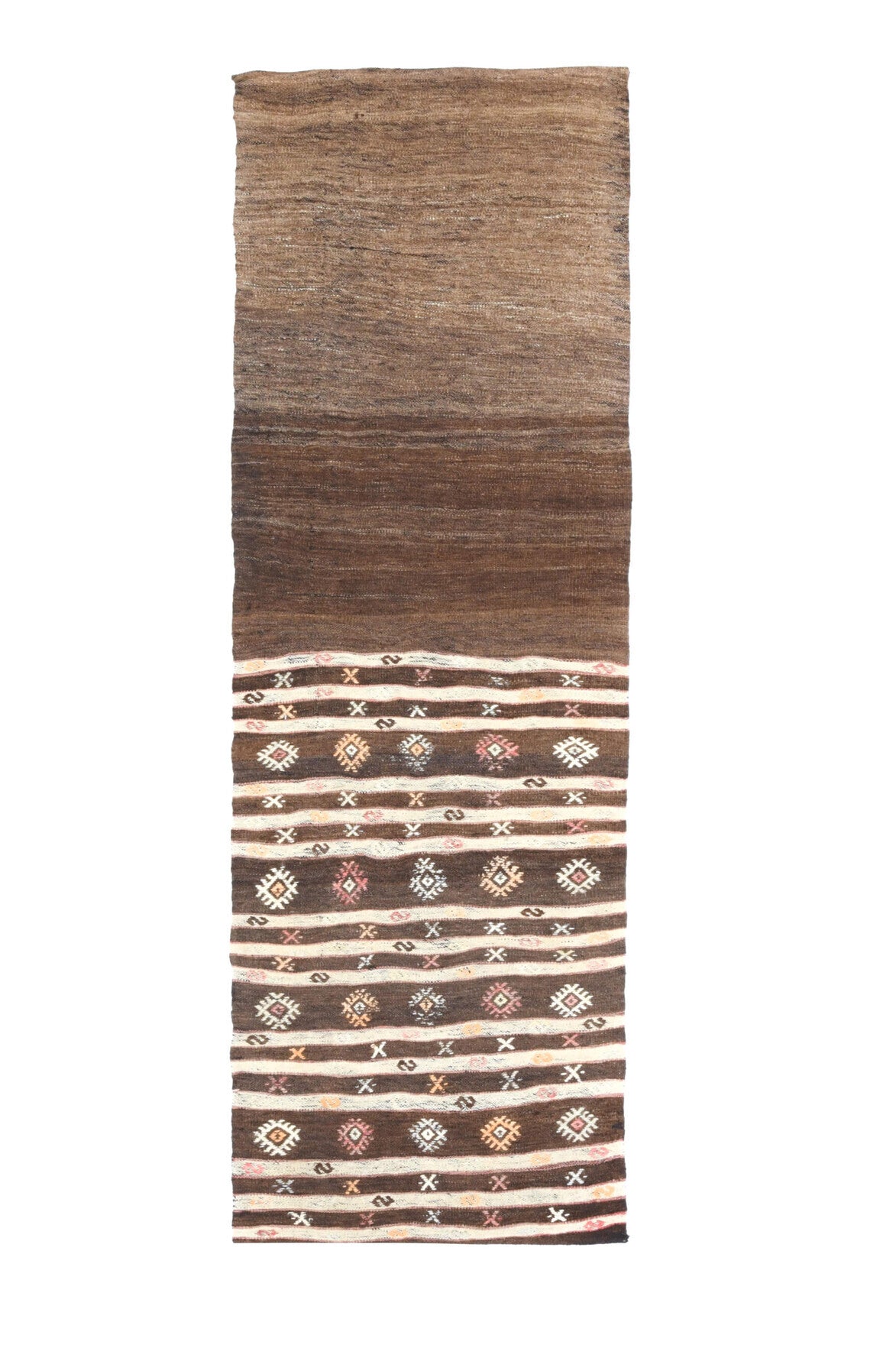 76x225 cm kahverengi ve turuncu ikat desenli vintage kilim yolluk – üstten tam görünüm