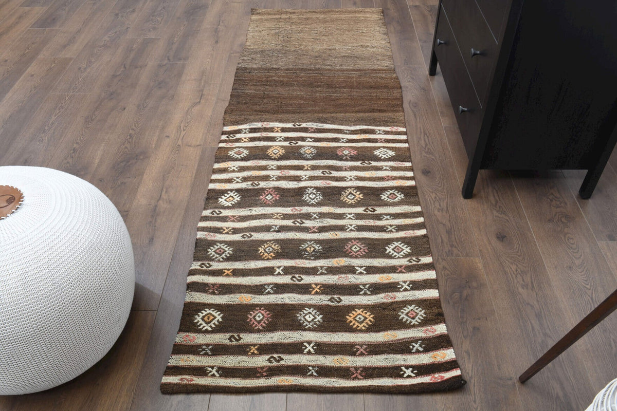 1960'lardan Anadolu kökenli ikat desenli vintage kilim yolluk, 76x225 cm