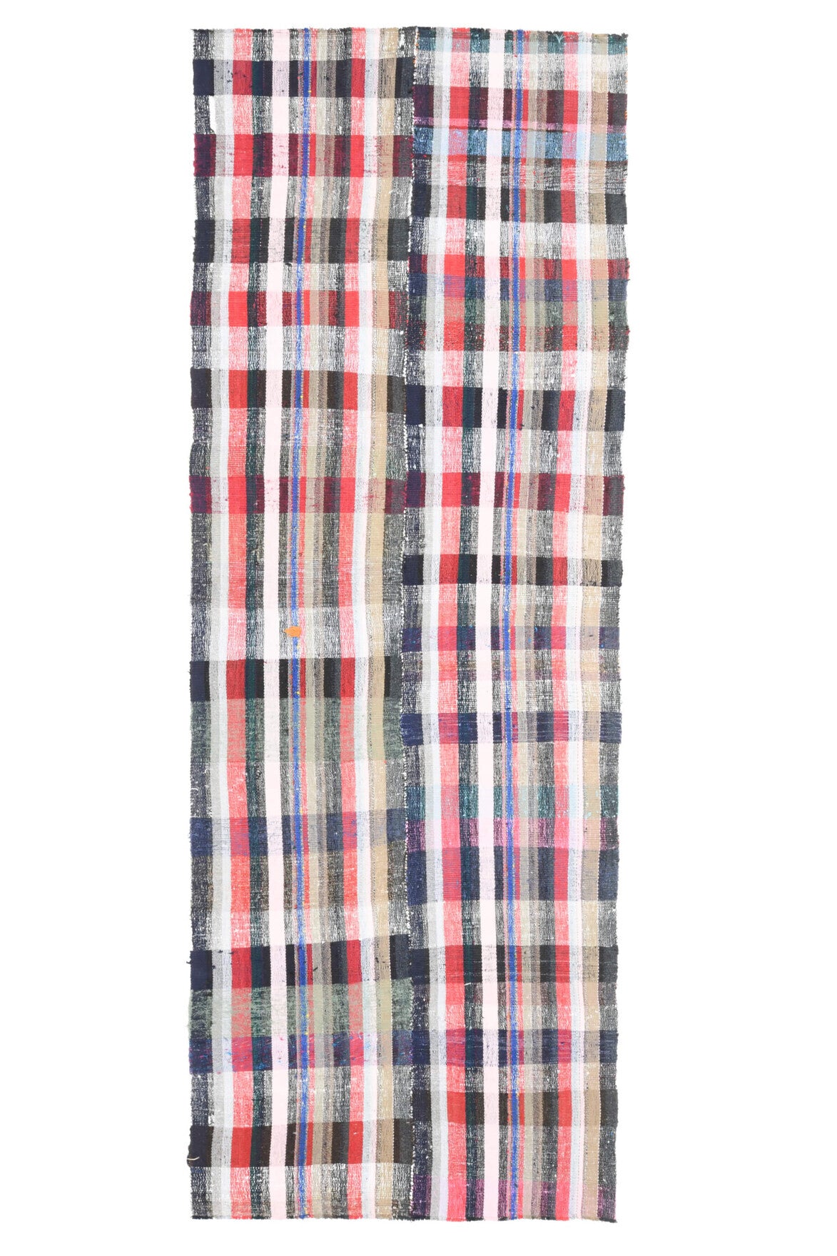 116x325 cm gri, beyaz ve pembe çizgili vintage kilim yolluk – üstten tam görünüm