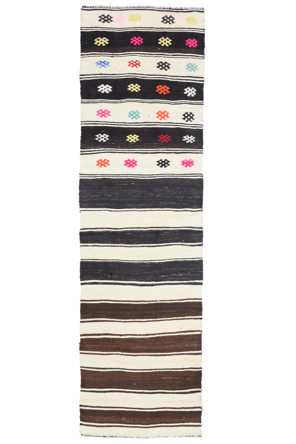 74x256 cm bej, gri ve kahverengi çizgili vintage kilim yolluk – üstten tam görünüm