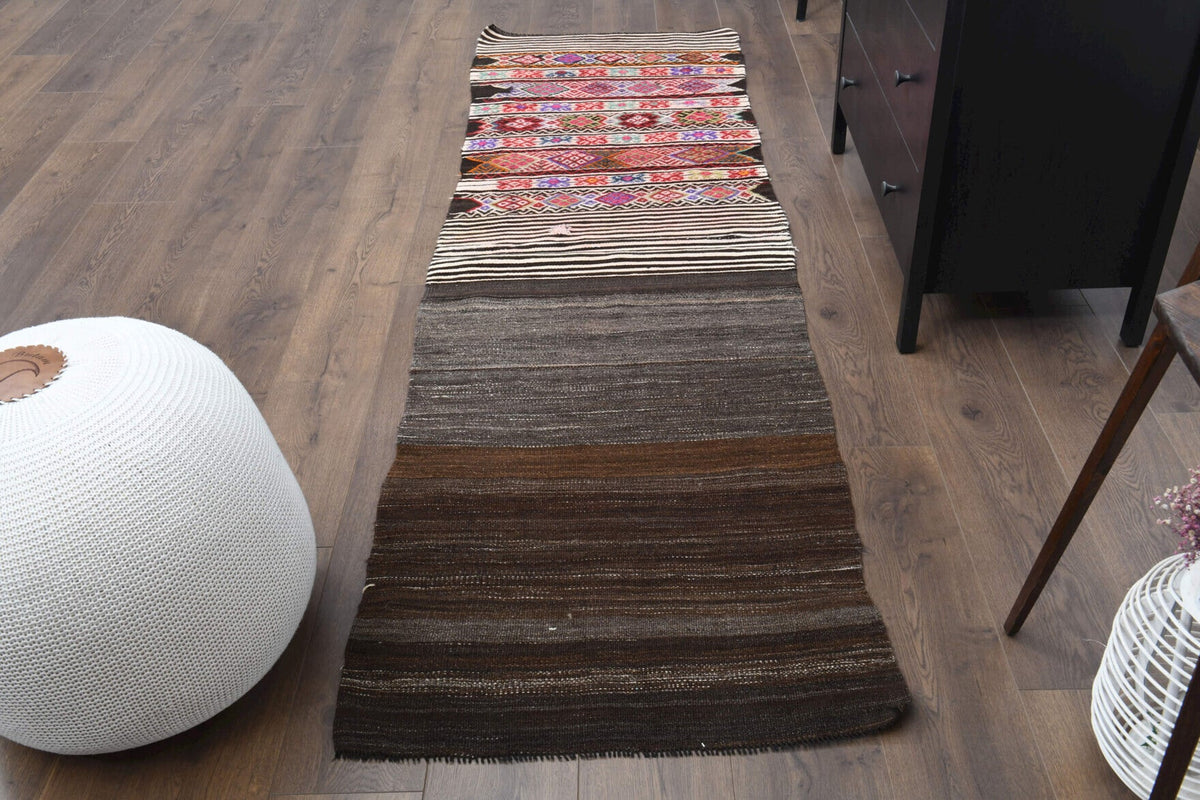 El yapımı vintage halı 76x254 cm geometrik desenli yün - detay görünümü