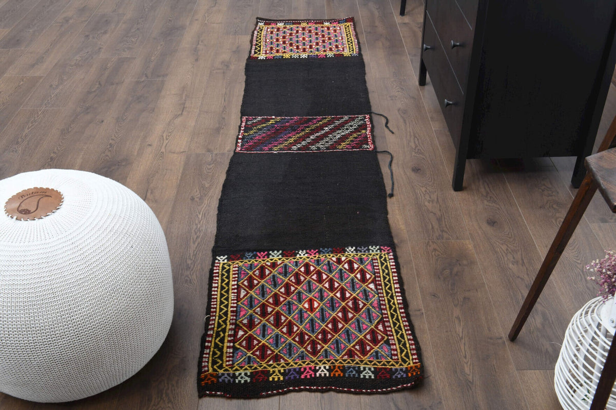 1960'lardan Anadolu kökenli ikat desenli vintage kilim yolluk, 55x252 cm