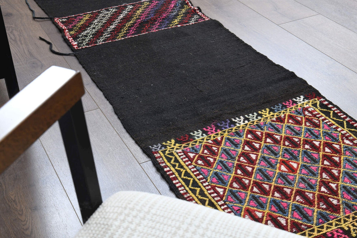 Antre ve koridor için ikat desenli vintage kilim yolluk – 55x252 cm