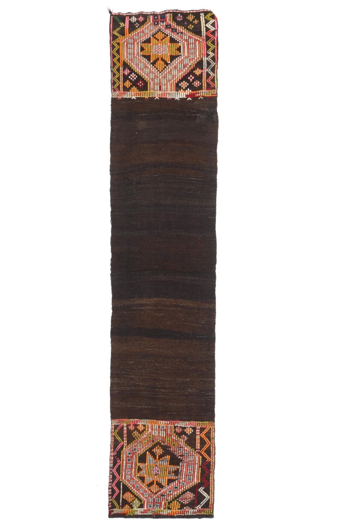 54x252 cm kırmızı, kahverengi ve turuncu düz zeminli vintage kilim yolluk – üstten tam görünüm