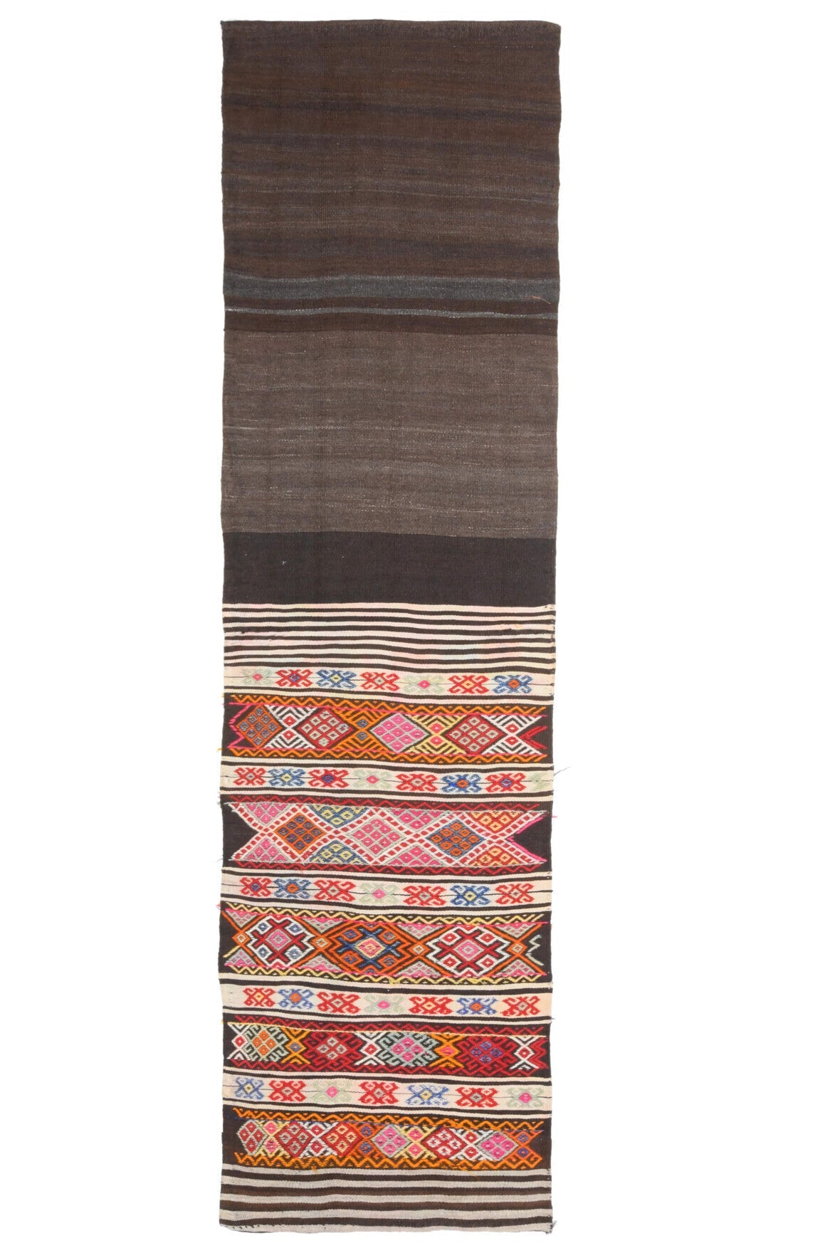 71x260 cm kahverengi, kırmızı ve turuncu geometrik desenli vintage kilim yolluk – üstten tam görünüm