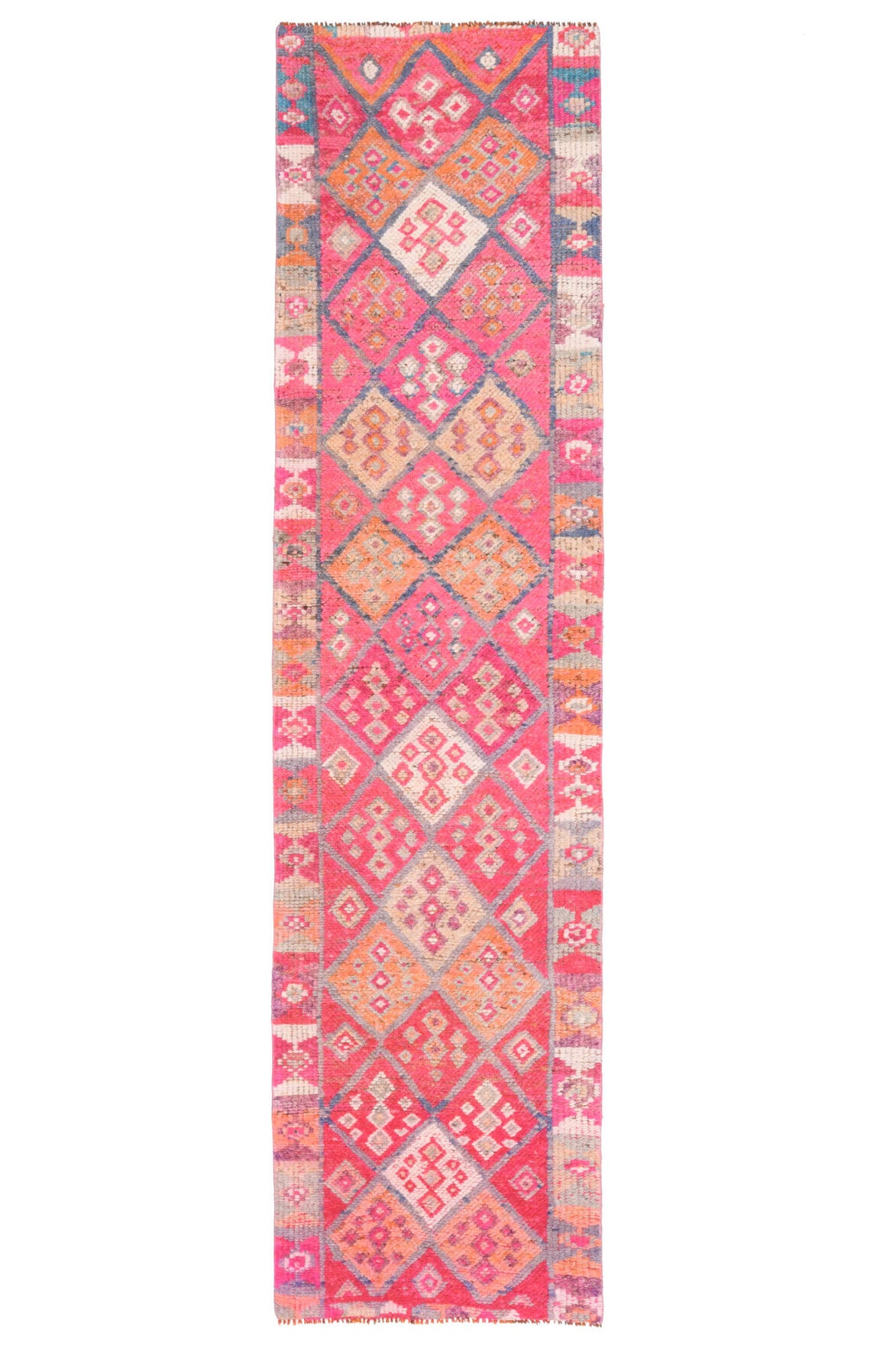 77x315 cm pembe, kırmızı ve turuncu tribal desenli vintage kilim yolluk – üstten tam görünüm