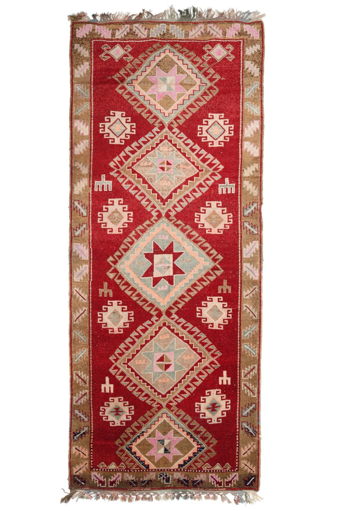 177x426 cm kırmızı ve turuncu geometrik desenli vintage kilim yolluk – üstten tam görünüm