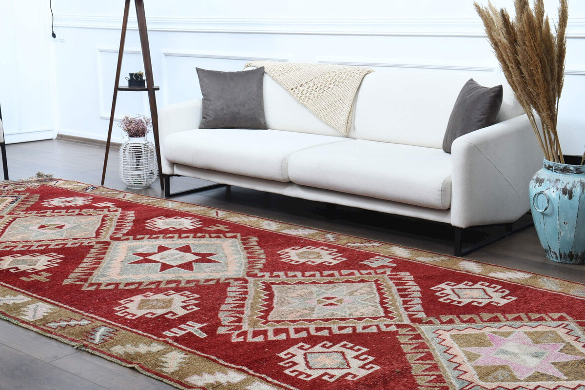 Antre ve koridor için geometrik desenli vintage kilim yolluk – 177x426 cm