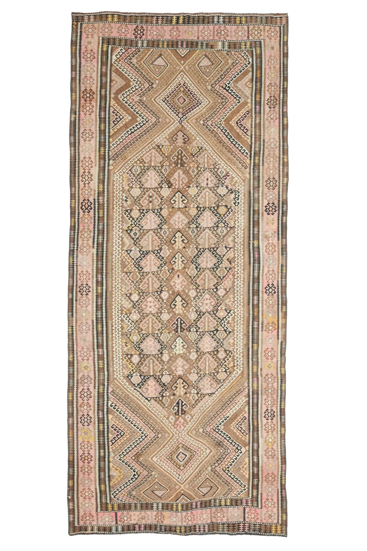 160x395 cm turuncu tribal desenli vintage kilim yolluk – üstten tam görünüm