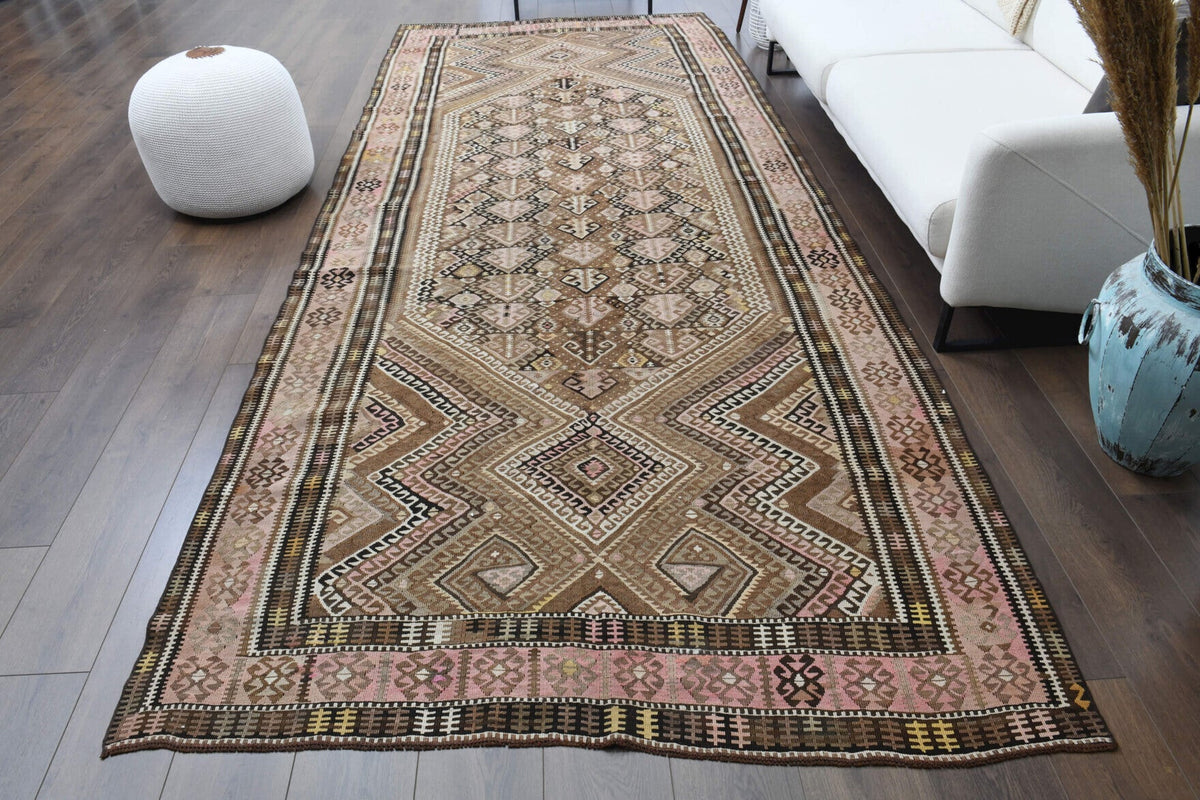 El yapımı vintage halı 157x396 cm tribal desenli yün - detay görünümü