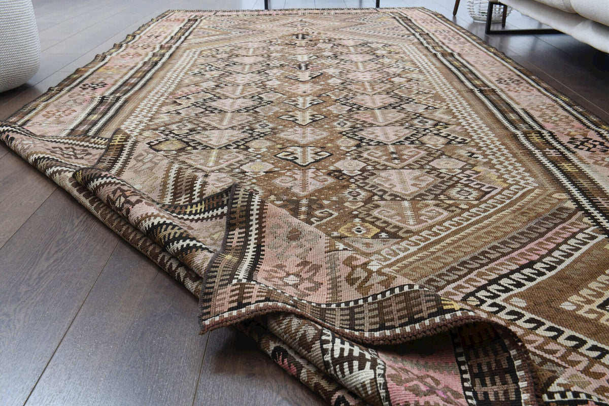 Turuncu renkli vintage kilim yolluk, %100 yün dokuma