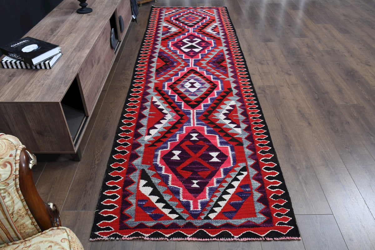 El yapımı vintage yolluk 102x333 cm geometrik desenli yün - detay görünümü