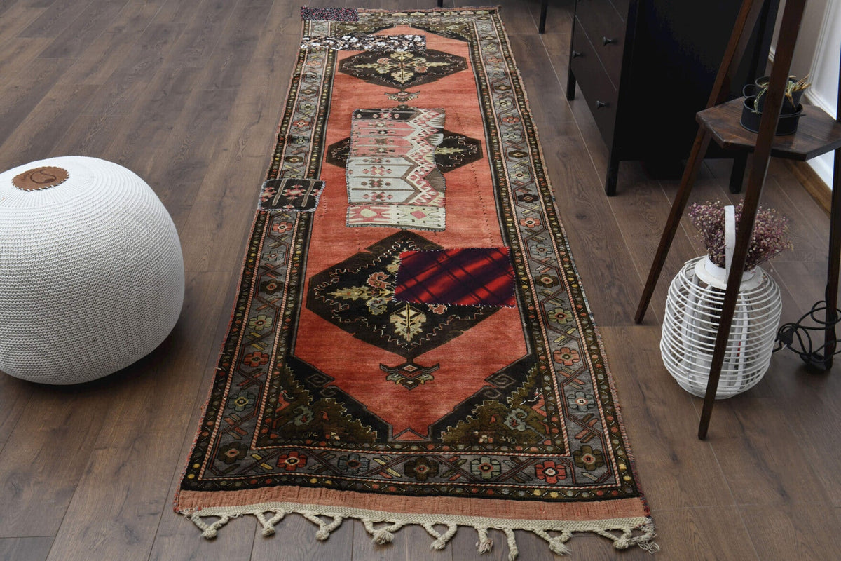 1960'lardan Anadolu kökenli oryantal desenli patchwork vintage yolluk, 98x350 cm