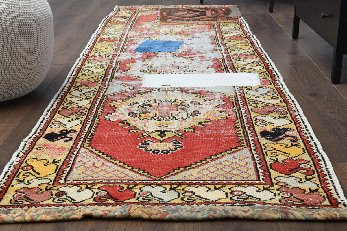 El yapımı vintage yolluk 91x305 cm oryantal desenli yün - yakın çekim doku detayı