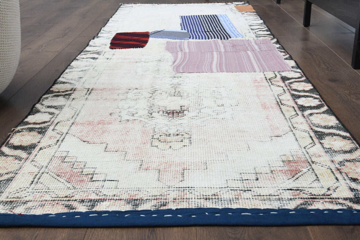 El yapımı vintage yolluk 89x279 cm patchwork desenli yün - yakın çekim doku detayı
