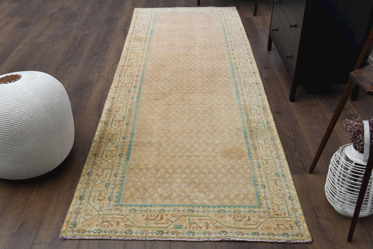 1970'lerden Anadolu kökenli ikat desenli el dokuma vintage yolluk, 108x312 cm