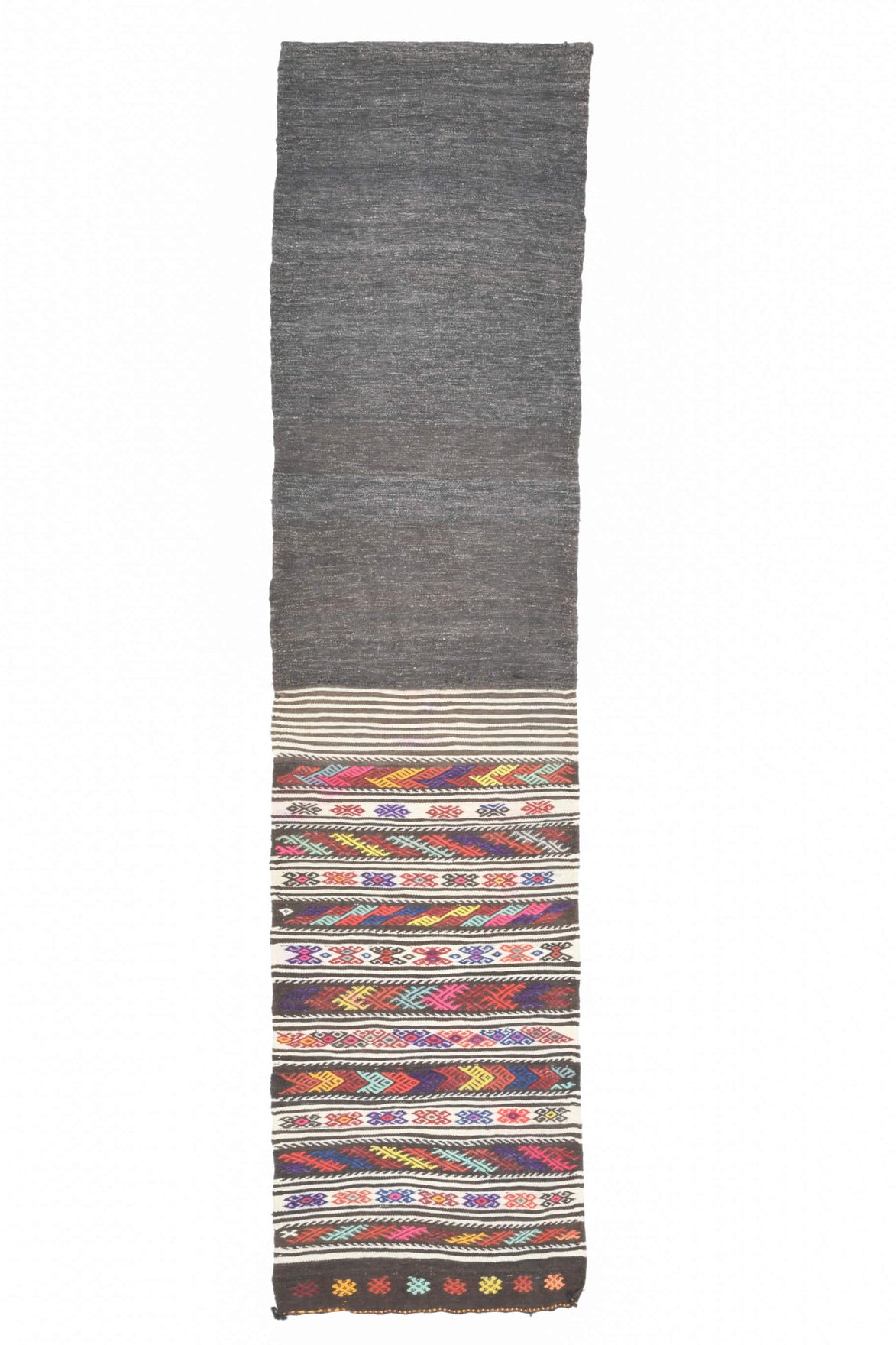 72x300 cm gri ve bej ikat desenli el dokuma vintage yolluk – üstten tam görünüm