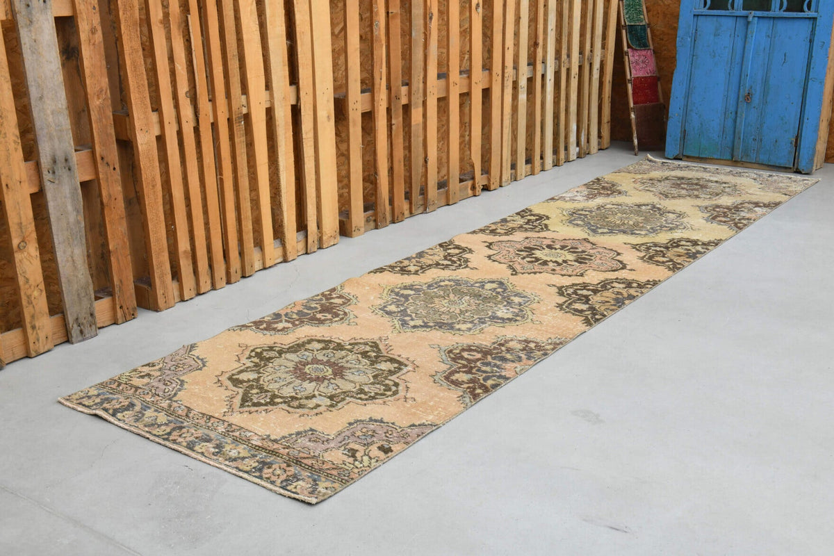 El yapımı vintage yolluk 94x371 cm oryantal desenli yün - yakın çekim doku detayı