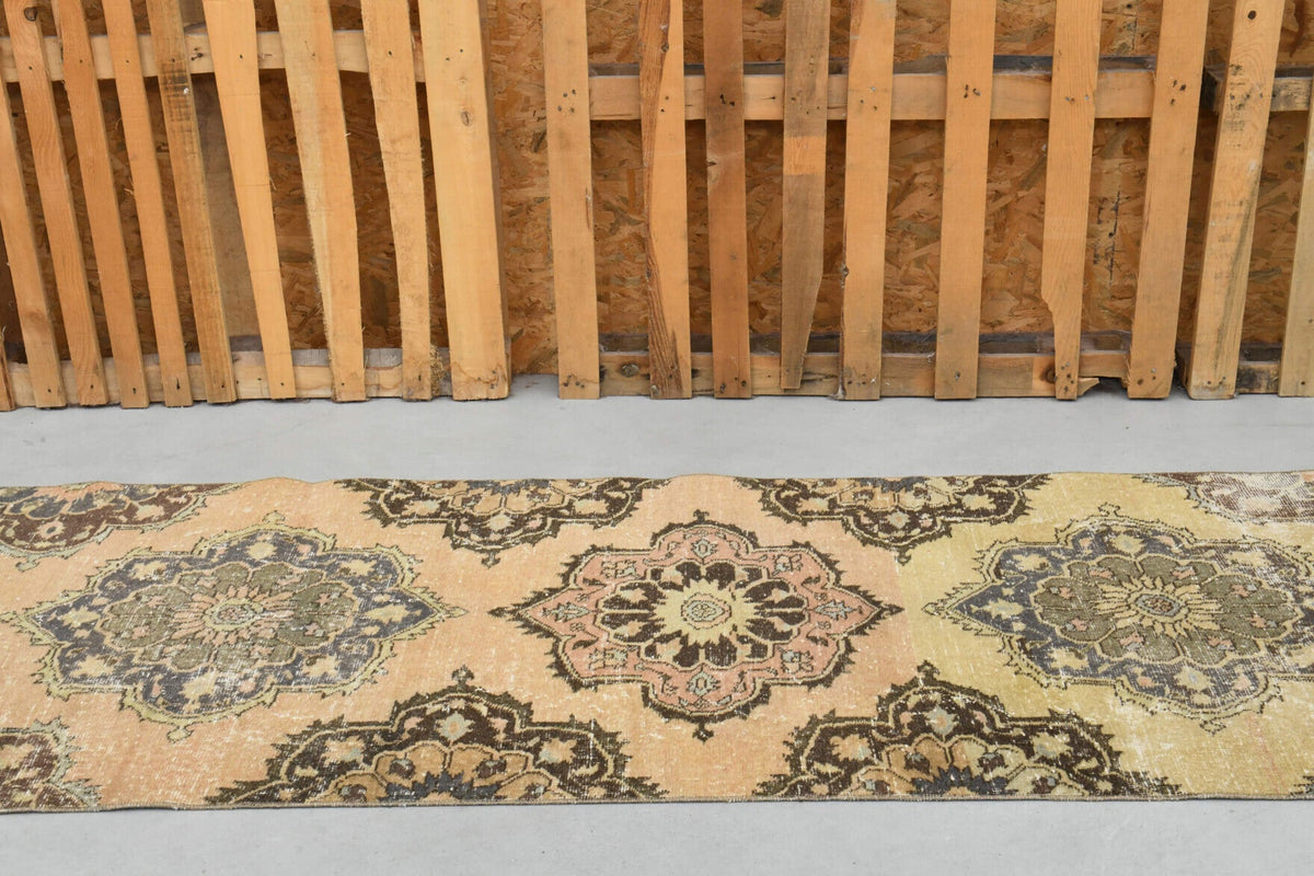 El yapımı vintage yolluk 94x371 cm oryantal desenli yün - kenar ve saçak detayı