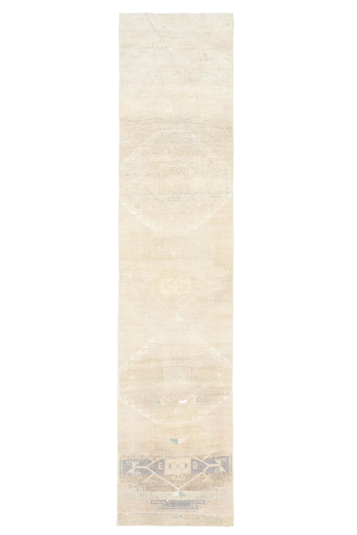 75x350 cm bej ve turuncu soyut desenli el dokuma vintage yolluk – üstten tam görünüm