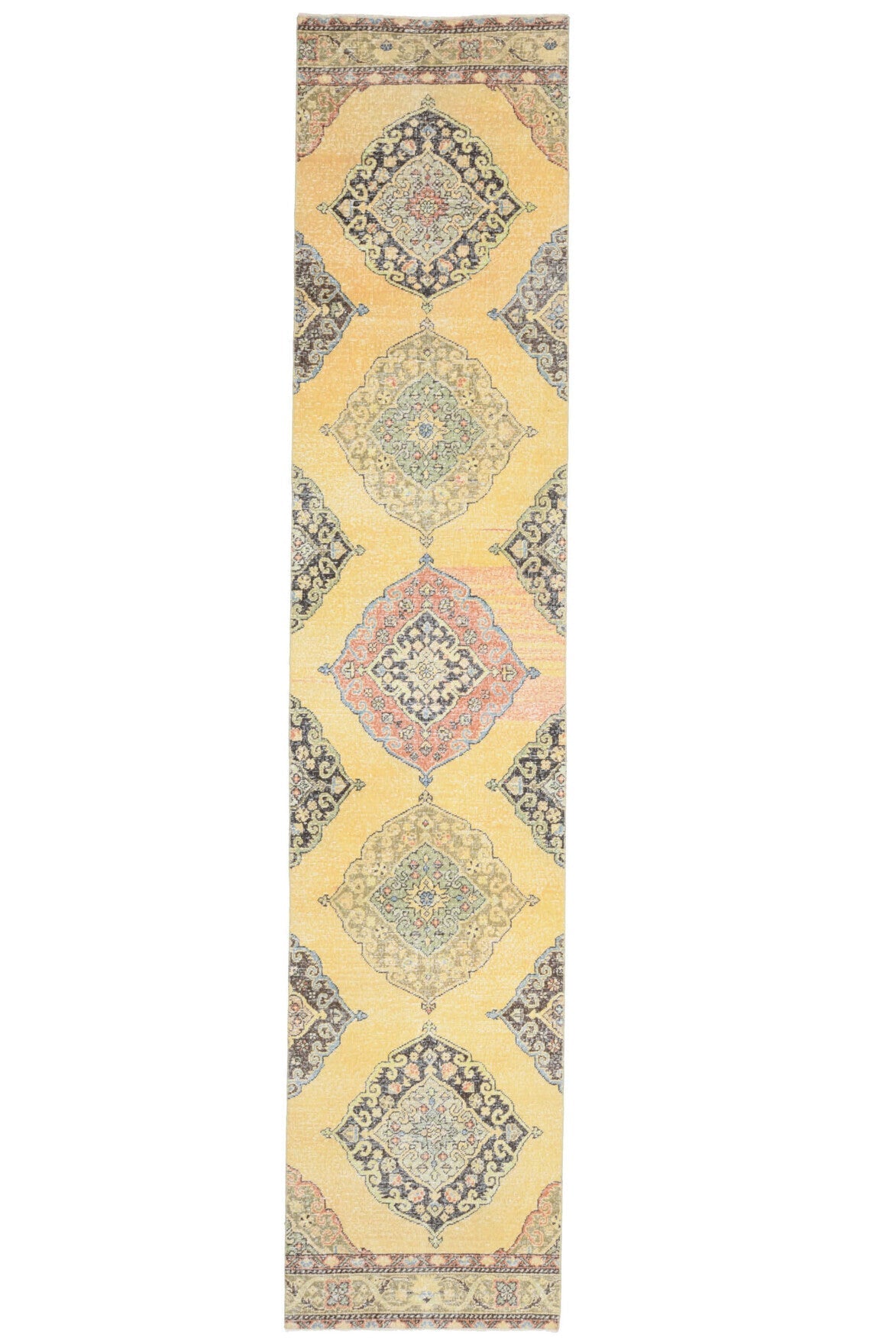 84x405 cm turuncu, sarı ve bej ikat desenli el dokuma vintage yolluk – üstten tam görünüm