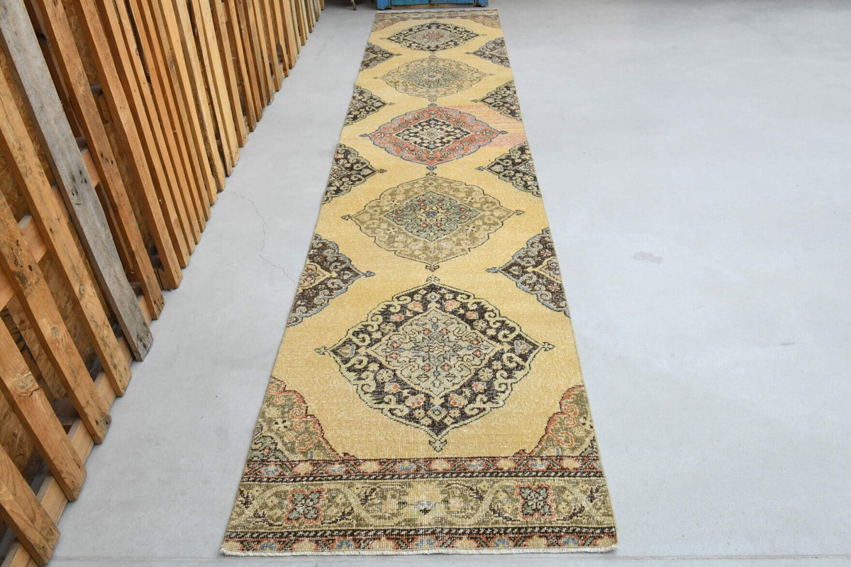 1970'lerden Anadolu kökenli ikat desenli el dokuma vintage yolluk, 84x405 cm