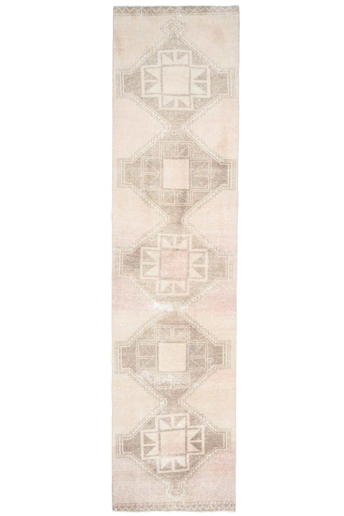 95x373 cm bej ve turuncu geometrik desenli el dokuma vintage yolluk – üstten tam görünüm