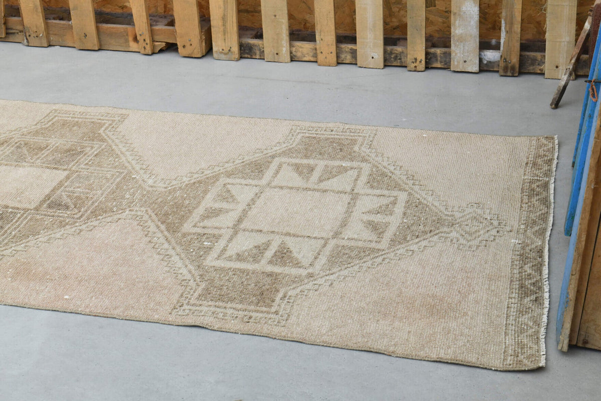 Antre ve koridor için geometrik desenli el dokuma vintage yolluk – 95x373 cm