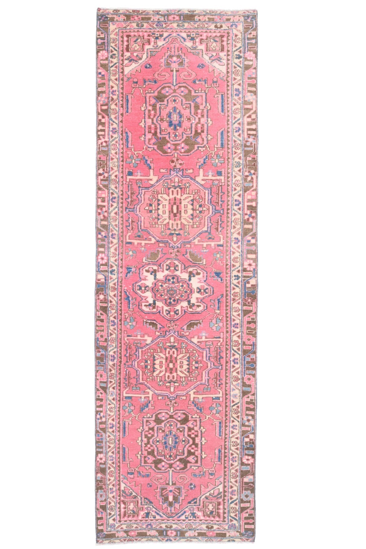 95x320 cm pembe tribal desenli el dokuma vintage yolluk – üstten tam görünüm