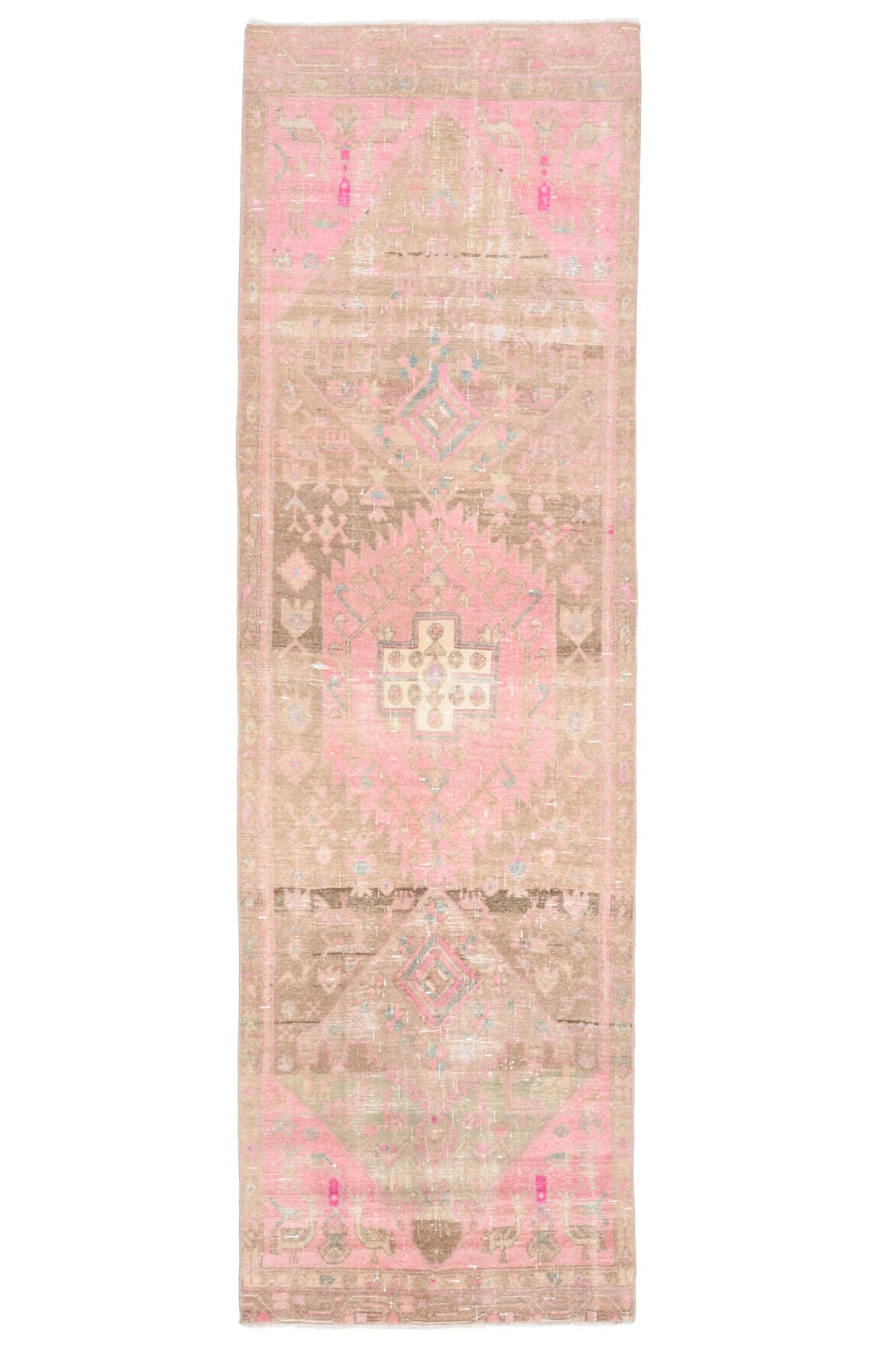 93x308 cm turuncu ve pembe soyut desenli el dokuma vintage yolluk – üstten tam görünüm