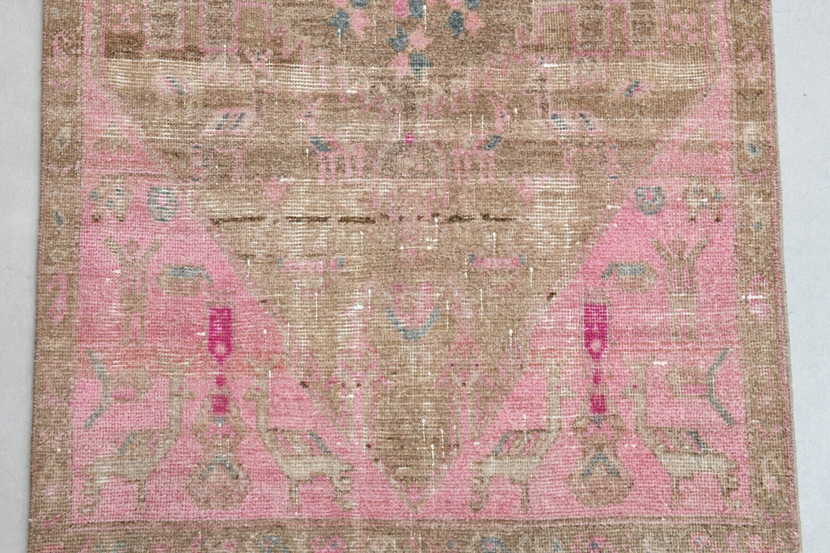 Turuncu ve pembe renkli el dokuma vintage yolluk, yün hav, pamuk taban
