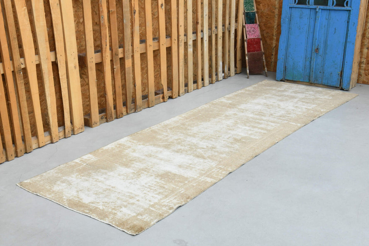 El yapımı vintage yolluk 102x310 cm düz desenli yün - yakın çekim doku detayı