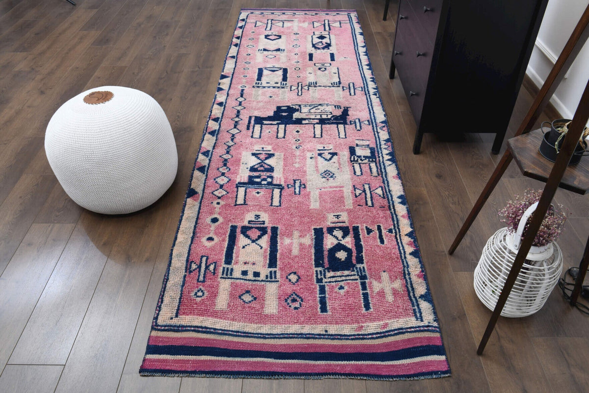 El yapımı vintage yolluk 102x333 cm geleneksel desenli yün - detay görünümü