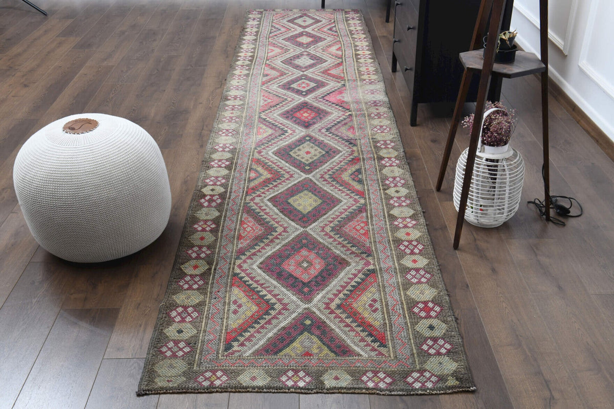El yapımı vintage yolluk 94x422 cm i̇kat desenli yün - detay görünümü
