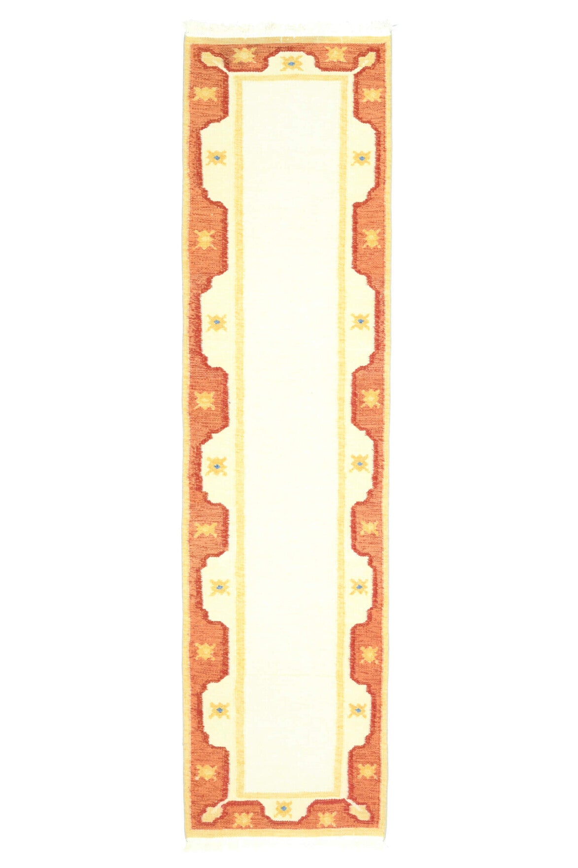 73x289 cm turuncu, beyaz ve bej tribal bordürlü el dokuma vintage yolluk – üstten tam görünüm
