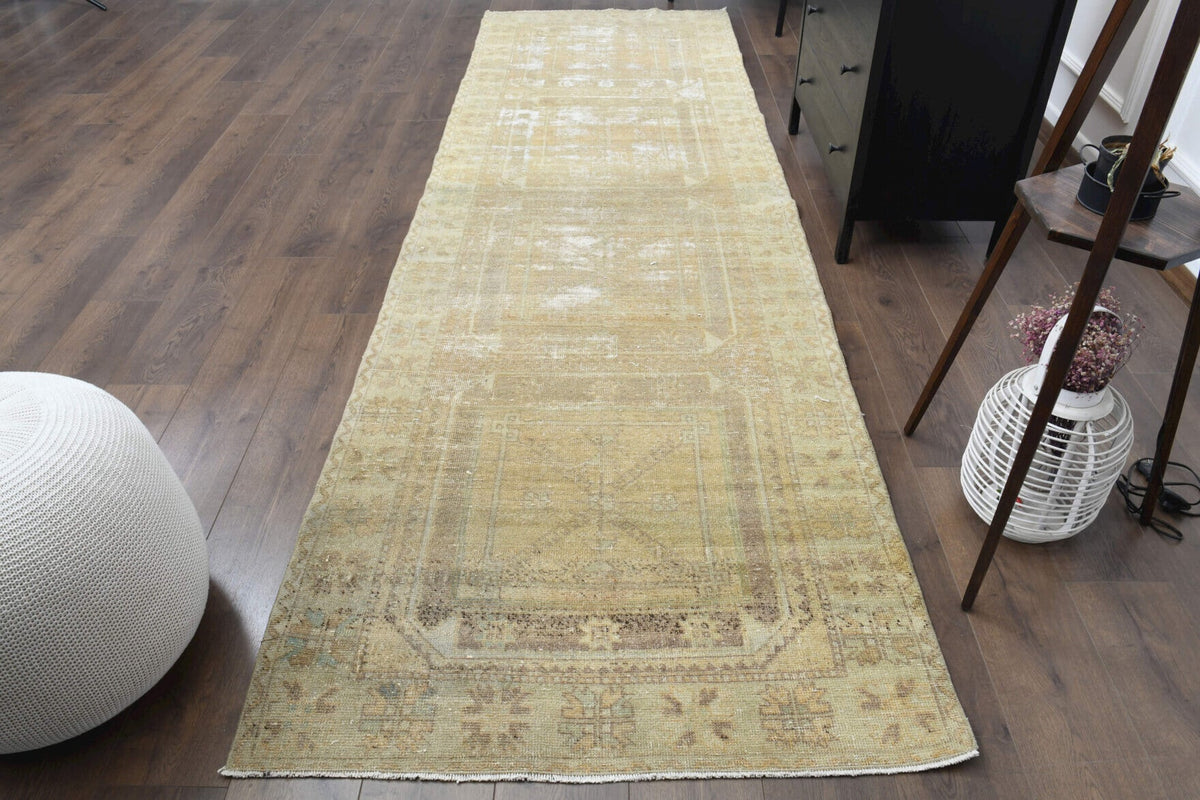 El yapımı vintage yolluk 109x361 cm soyut desenli yün - detay görünümü