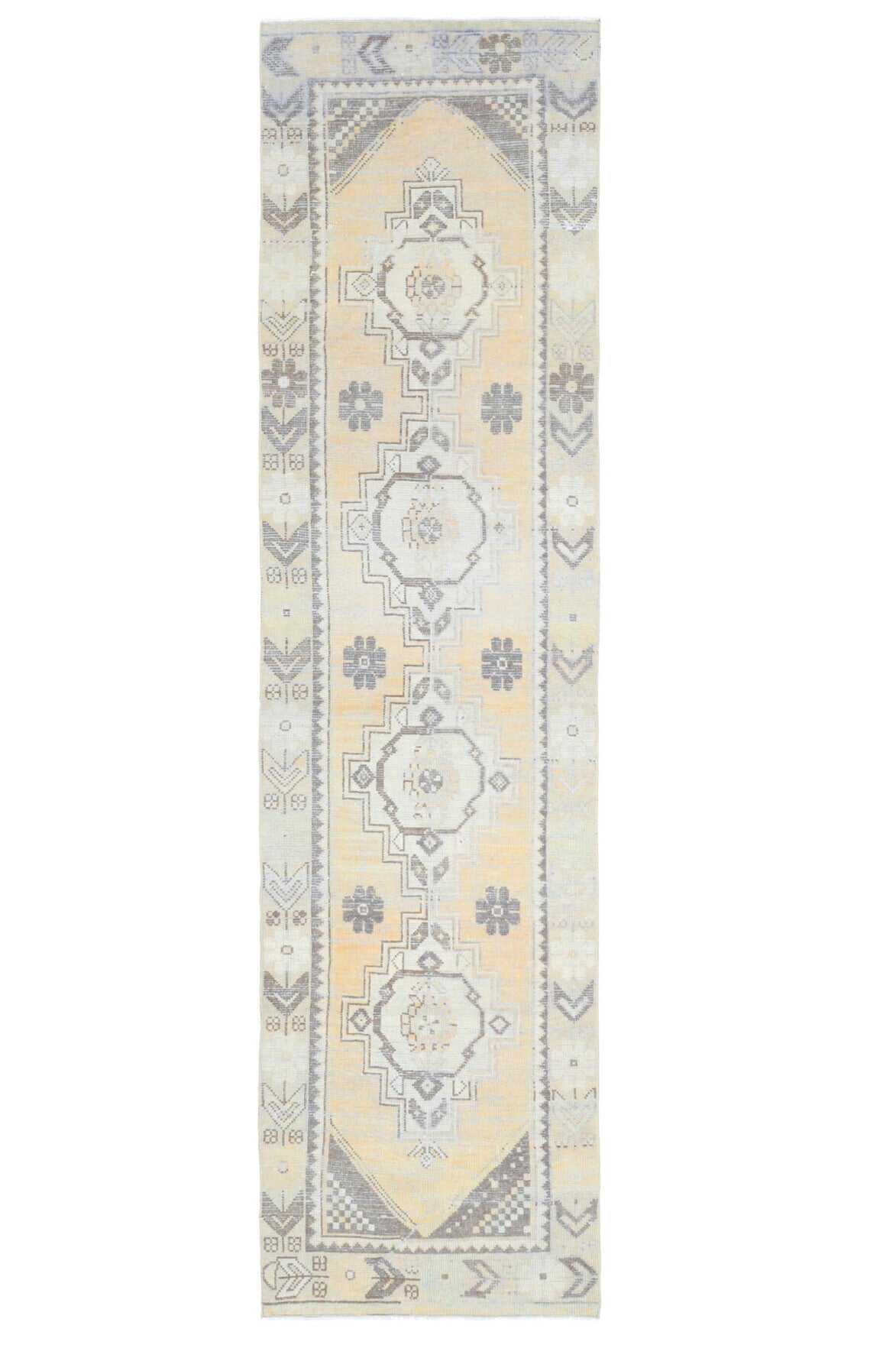 82x316 cm bej, beyaz ve gri oryantal desenli el dokuma vintage yolluk – üstten tam görünüm