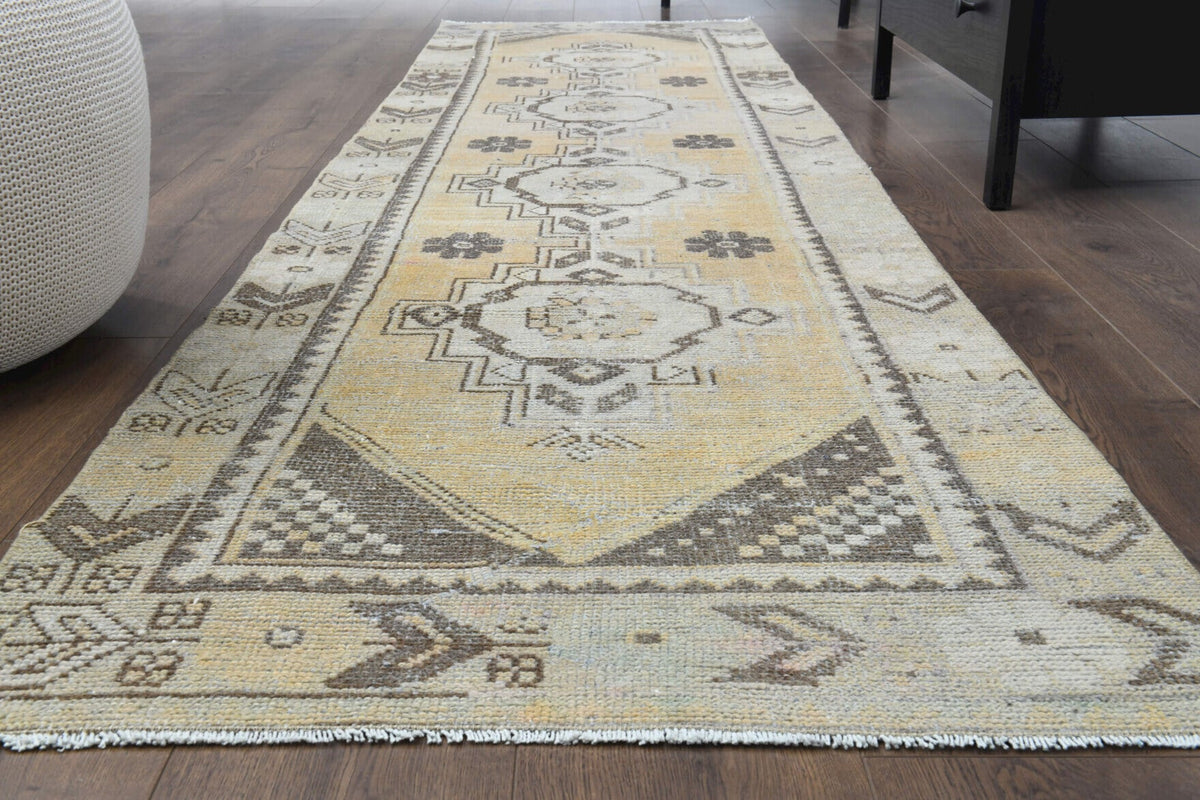 El yapımı vintage yolluk 81x318 cm oryantal desenli yün - yakın çekim doku detayı
