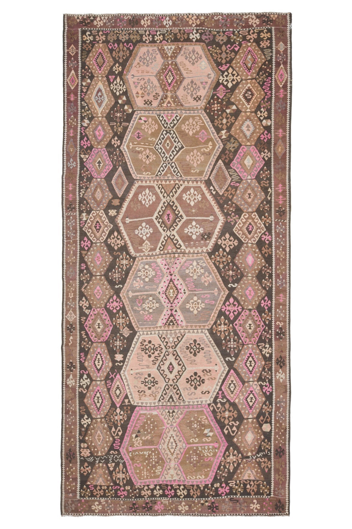 188x416 cm turuncu ve kahverengi tribal desenli vintage kilim yolluk – üstten tam görünüm