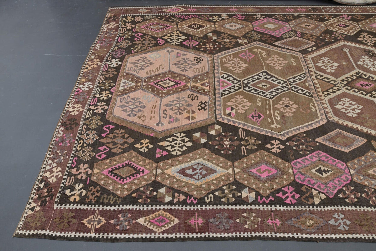 Turuncu ve kahverengi renkli vintage kilim yolluk, %100 yün dokuma