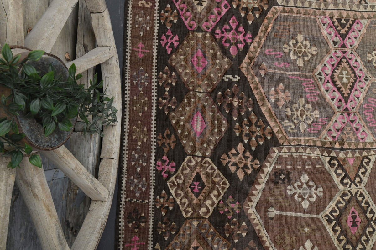Vintage yolluk 188x416 cm – turuncu ve kahverengi tribal desenli, el dokuma